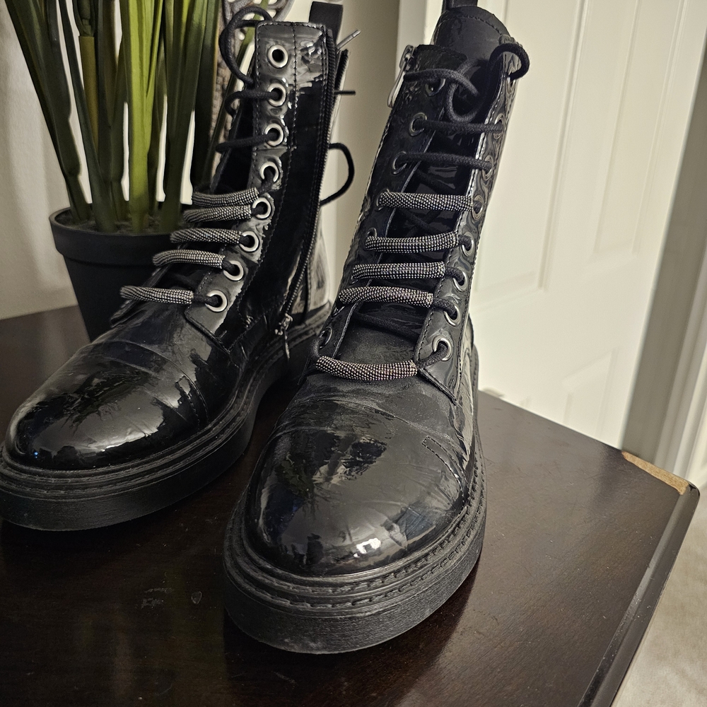 DKNY Black Patent Leather Combat Boots